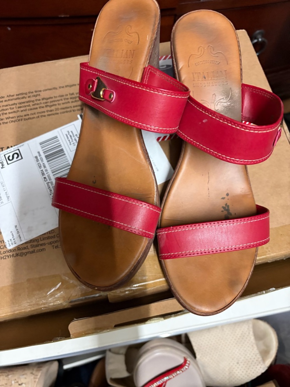 Leather Red Double-Strap Slide Sandals